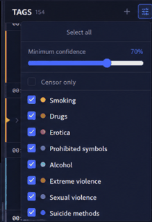 Category filter panel with a confidence threshold slider